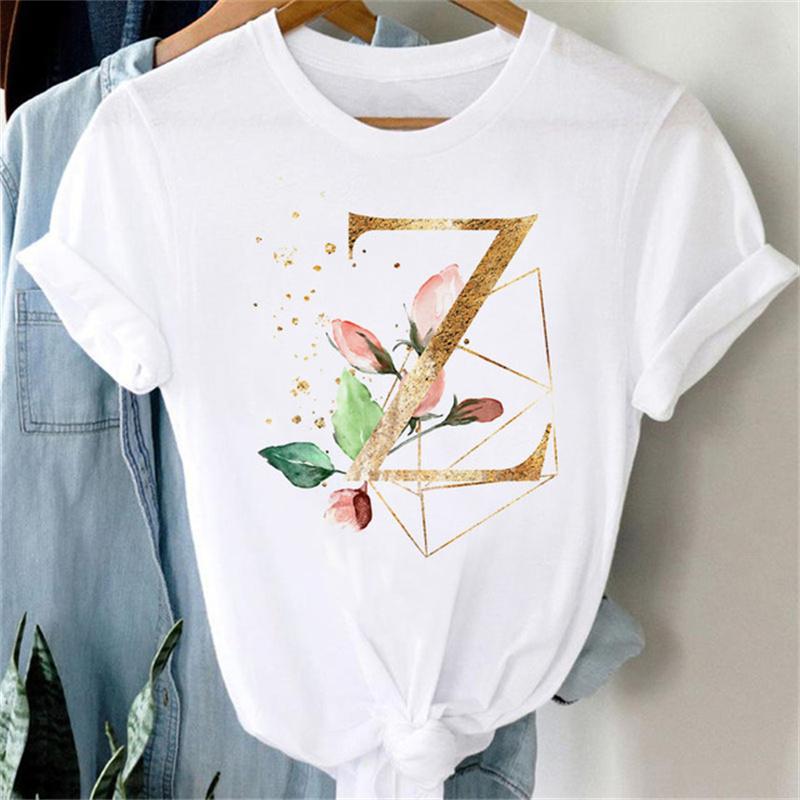 Custom Name Letter Combination Women T Shirt Floral Gold Letter Font A B C D Print Short Sleeve Tee Tops Female T-shirt Clothes