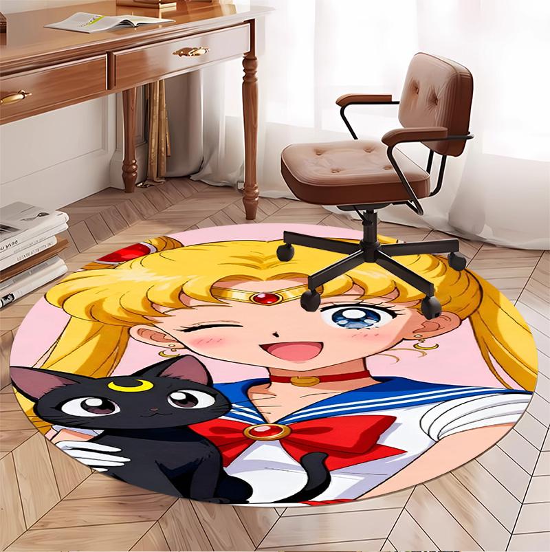 Sailor Moon Pattern Round Rug, Indoor/Outdoor Mat, for Picnic, Gameroom, Bedroom, Office, Living Room, Home Decor Carpet, Birthday Gift
