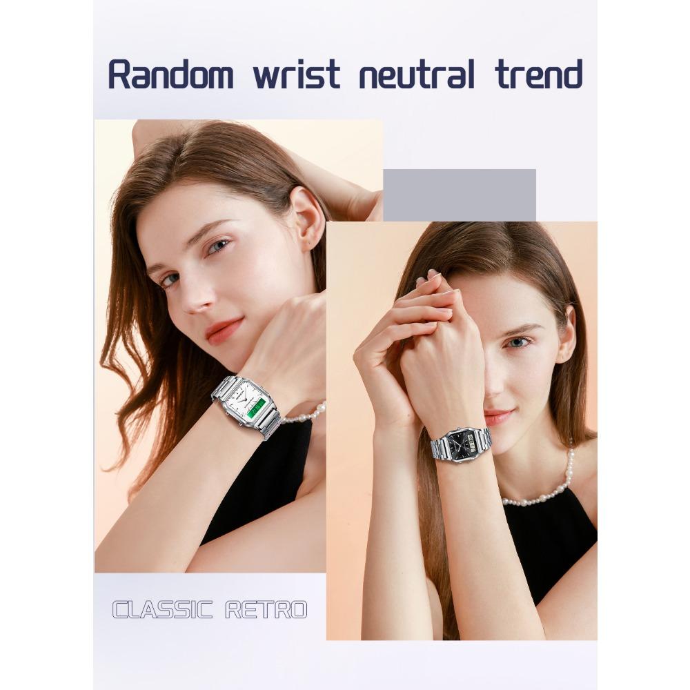 Unisex Analog Digital Quartz Wristwatch Square Case Waterproof Stainless Steel Bracelet Watch