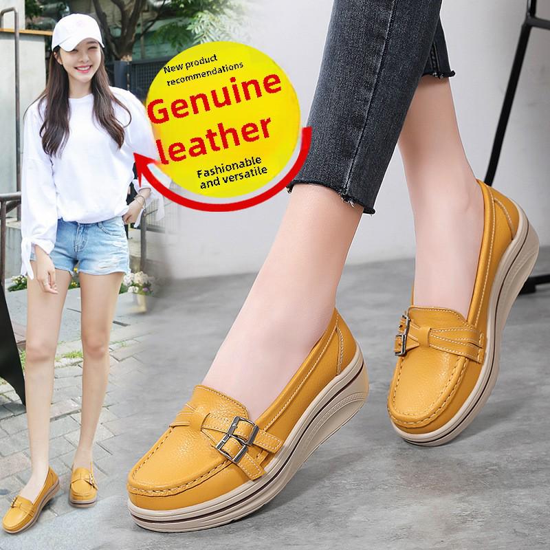 Женские туфли на танкетке из натуральной кожи на толстой подошве, с полым дизайном, большого размера, идеально подходят для мам среднего возраста