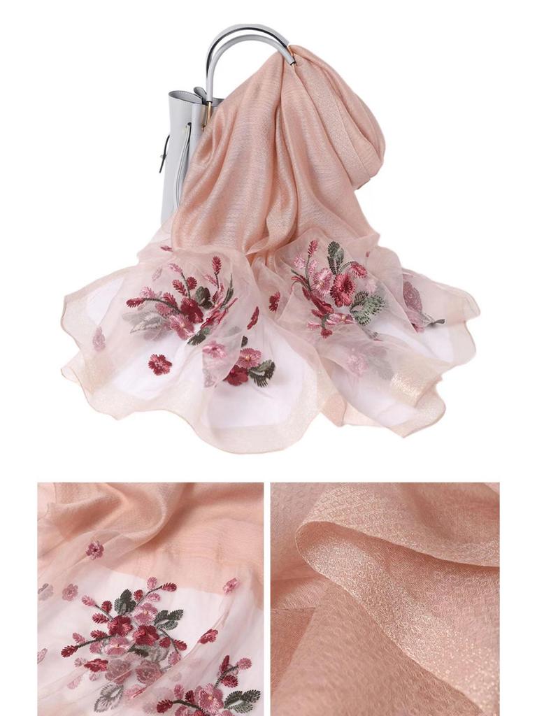 Luxury Wool Blend Silk Scarf: High-End Embroidered Begonia Design Shawl for Women