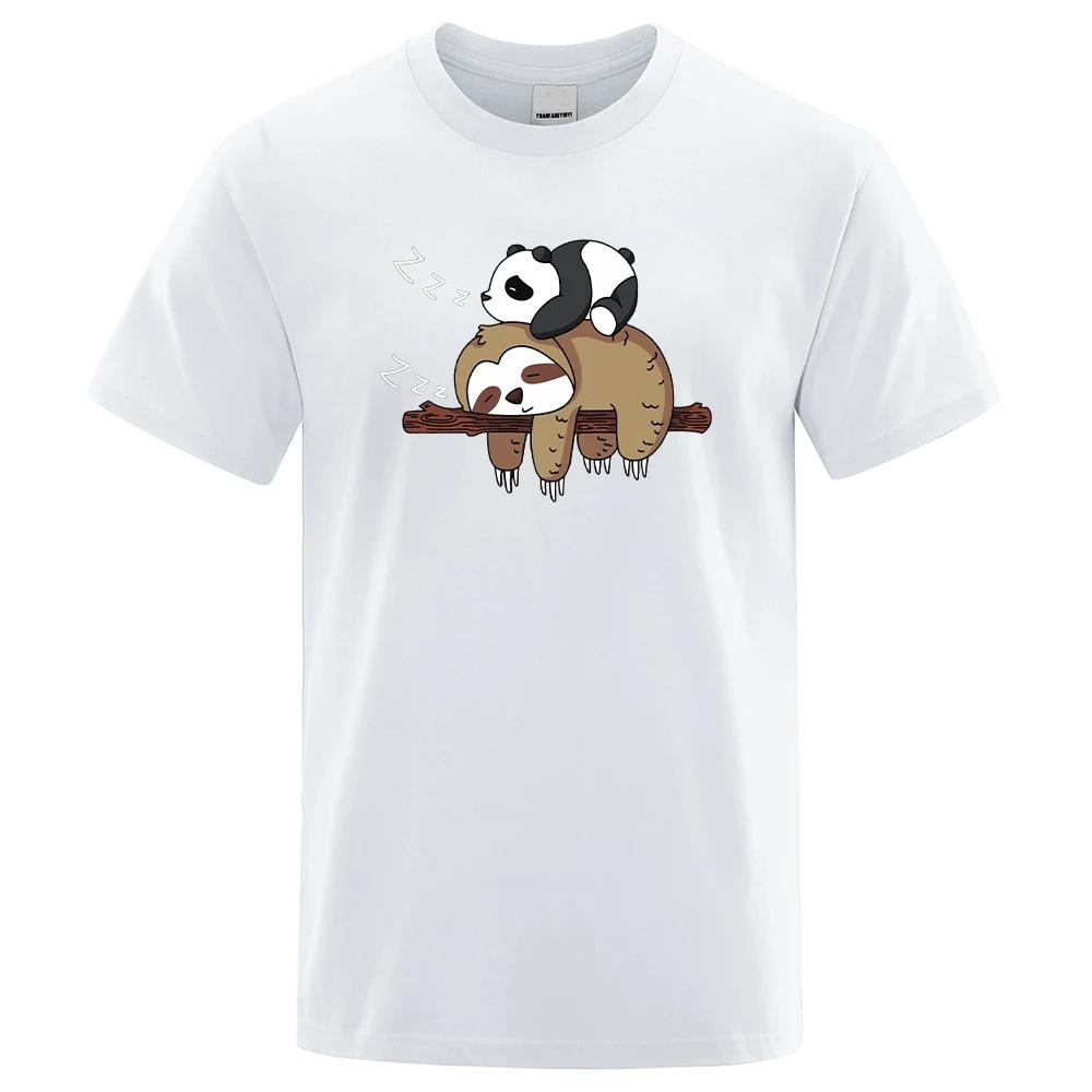 Panda Lying On A Sloth Cute Print UnisexTee Shirt Oversized Cartoons Top Regular Sleeve Tee Shirts Cotton Casual T Shirt