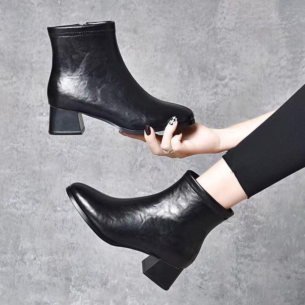 Женские ботильоны на толстом каблуке: 2025 Ретро Средний каблук, Универсальная текстура ручки, Теплая и удобная кожа для осени/зимы.
