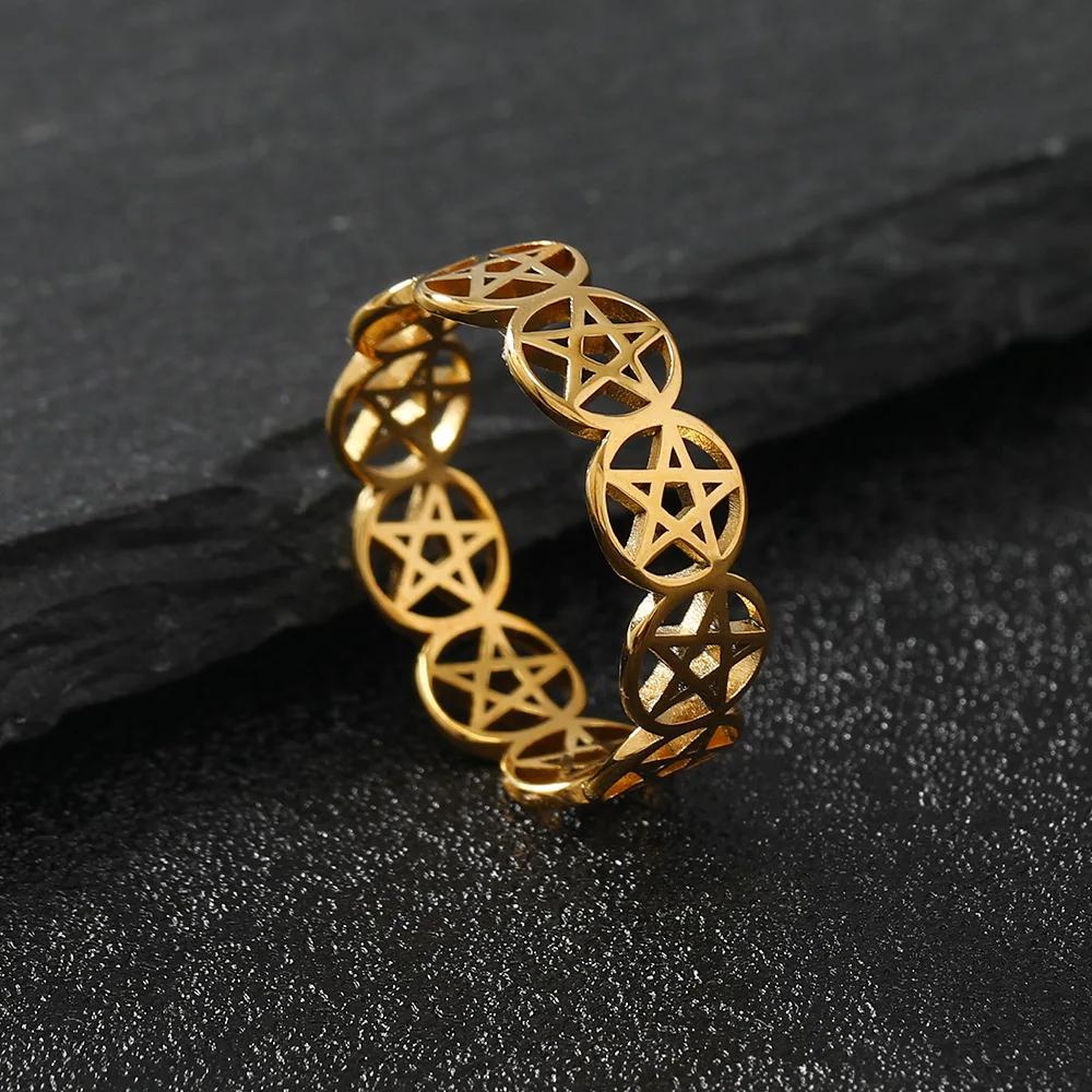 YILUOCD Stainless Steel Pentacle Ring Geometric Pentagram Ring for Women Wicca Protection Amulet Hollow Star Christmas Jewelry