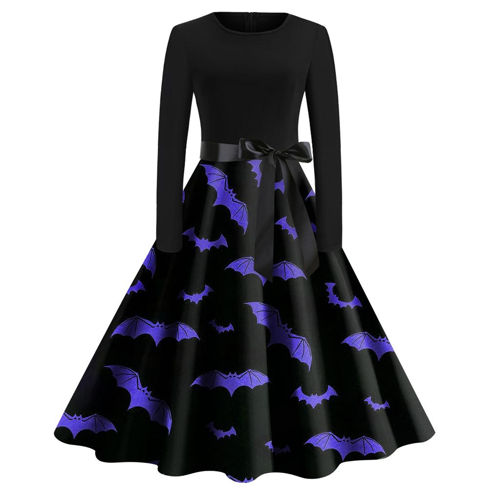 Женское платье с расклешенным принтом на Хэллоуин с длинным рукавом и круглым вырезом, вечерние повседневные платья