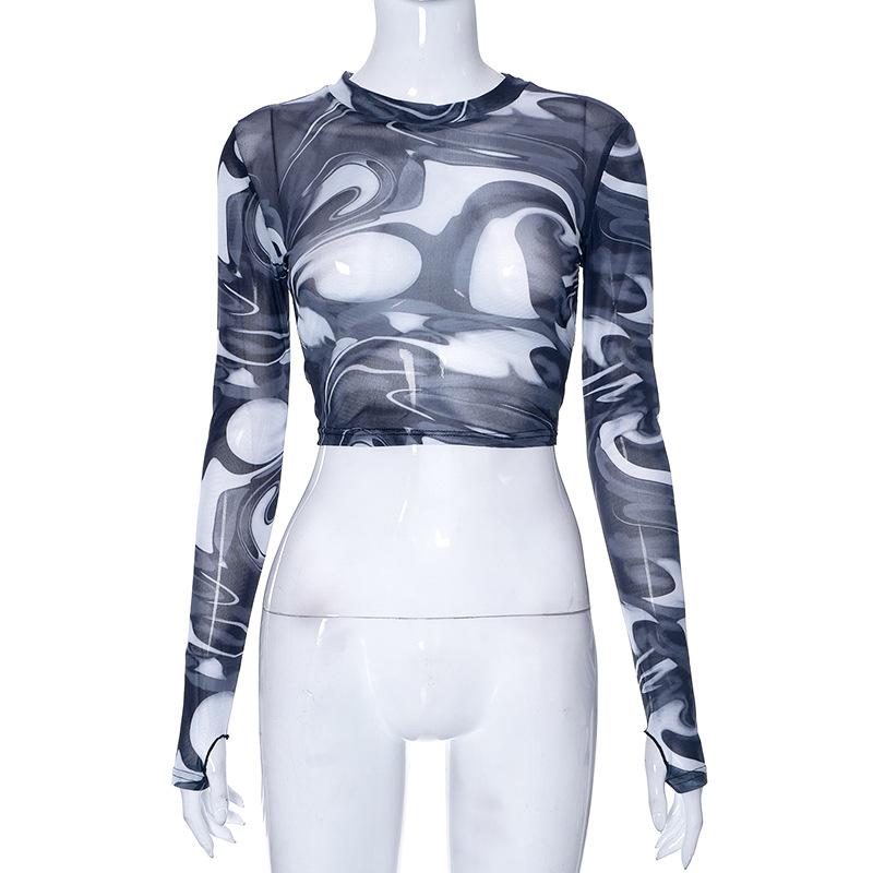 Женская сетчатая футболка с длинным рукавом с круглым вырезом и нерегулярным разрезом, пуловер, женская повседневная тонкая футболка, топ