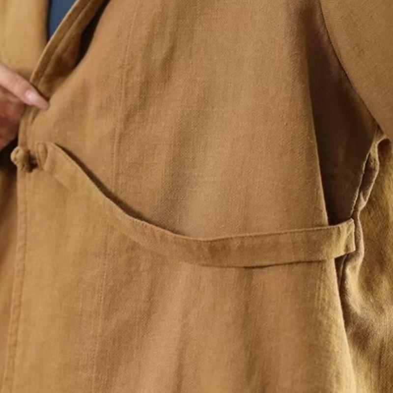 Johnature Woman Autumn Casual Solid Color Loose Long Sleeves Coat Splicing V-Neck Chinese Style Vintage Coat