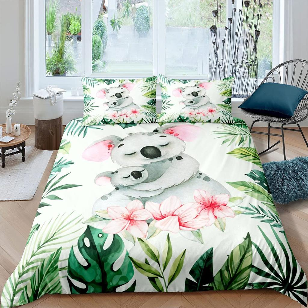 Koala Duvet Cover Set Blooming Floral Branch Bear Comforter Palm Tree Leaf Wildlife Cartoon Polyester Quilt