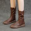 Модная ретро кожаная женская обувь зимние плюшевые теплые сапоги до середины икры круглый носок на молнии плиссированные 3,5 см толстая подошва рыцарские сапоги