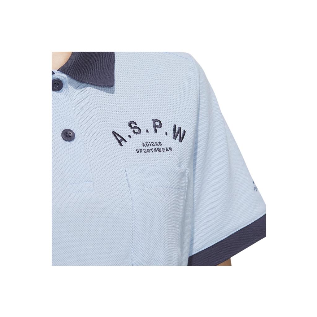 Adidas Рубашка поло с короткими рукавами в рубчик с двумя пуговицами и принтом Verbiage, женские топы, светло-розовый, синий, IP3942