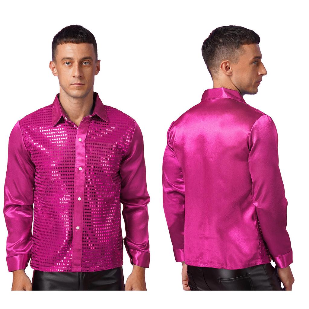 Men’s Stage Performance Sequined Shirt Turn-Down Collar Long Sleeve Patchwork Sparkly Top for Latin Jazz Dance Practice