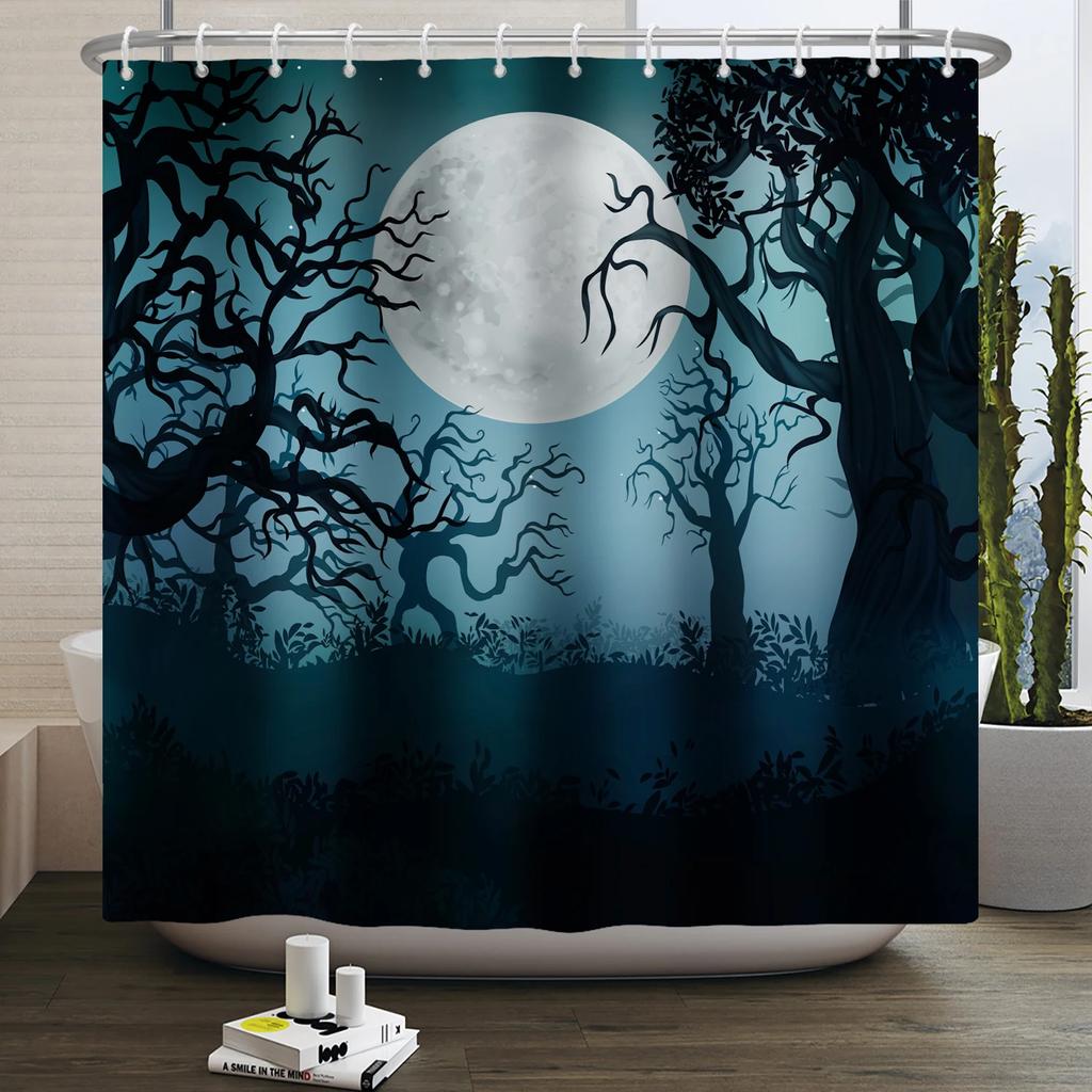 Хэллоуин Занавеска для душа Ужас Лунная ночь Тыква Череп Скелет Страшный Замок Ведьма Призрак Кладбище Водонепроницаемые Занавески для ванной