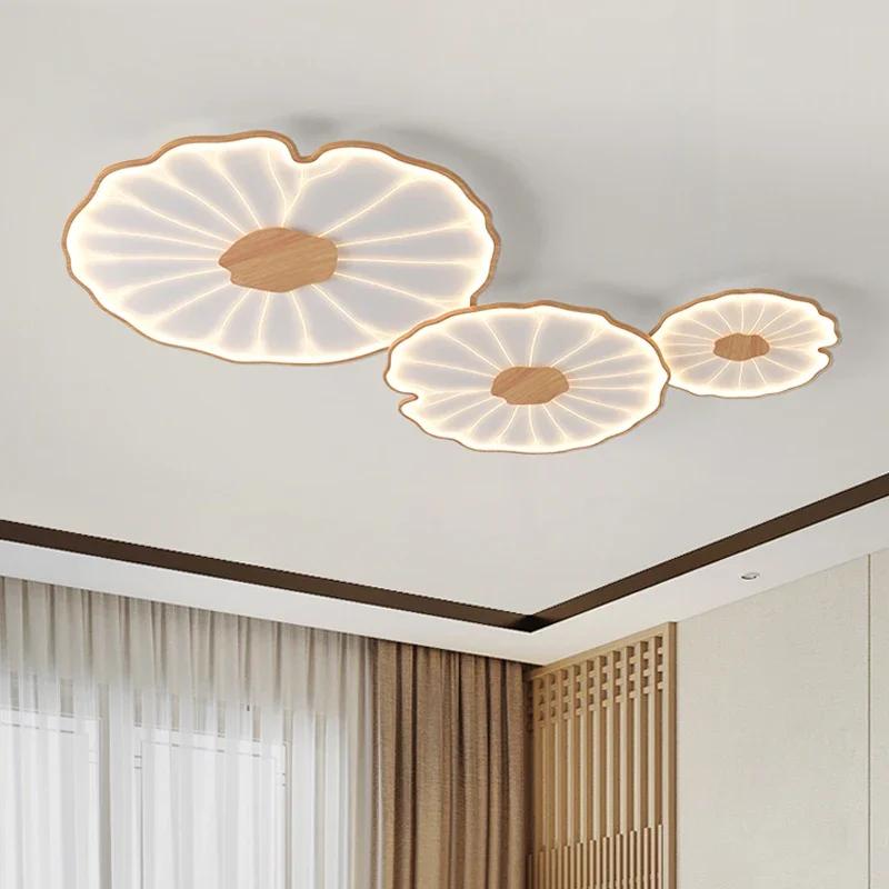 Modern Wood Grain Ceiling Lamp for Living Room Bedroom Study Children's Nursery Lotus Leaf Design Metal Led Chandelier