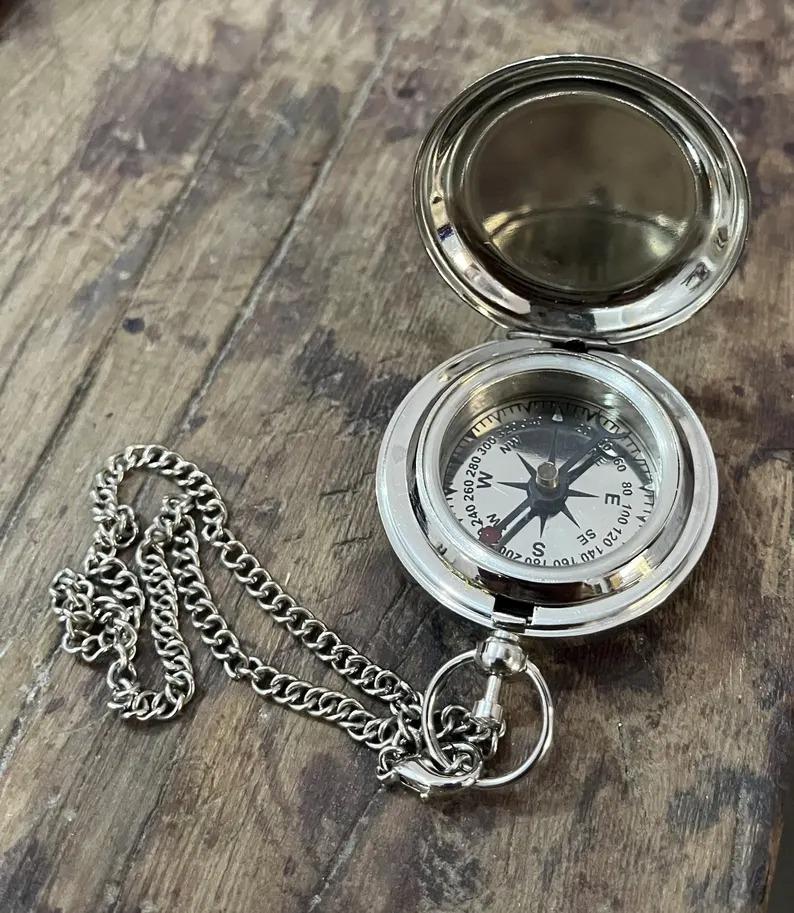 Engraved Brass Pocket Compass: Nautical Marine Navigation with Leather Case