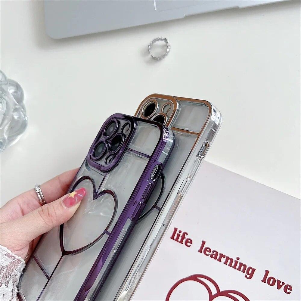 Роскошный чехол для телефона с гальваническим покрытием Love Heart для iPhone 11, чехол для iPhone 13 12 14 15 Pro Max 14 15 Plus, противоударный бампер, прозрачный чехол