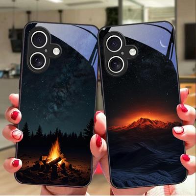 Сцена «Звездная ночь» для Apple iPhone 16E 16 E 11 13 15 P Ro 14 Pro Max 12 Mini 7 8 Plus XR X XS Черный чехол для телефона из закаленного стекла