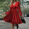 Women Elegant V-Neck Long Sleeve Waisted Knitted A-Line Dresses