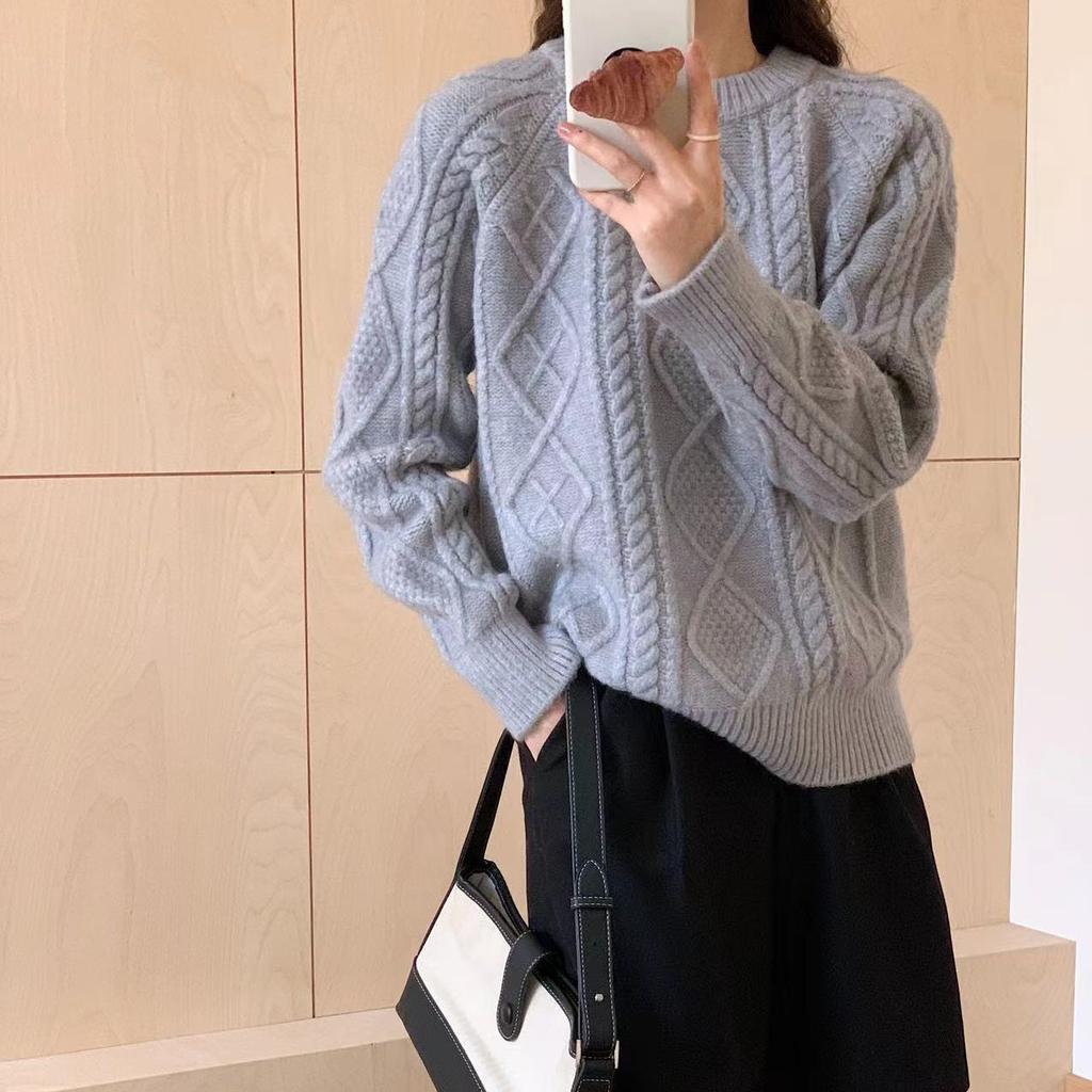 Vintage Twist Thickened Pullover Sweater Women's Autumn and Winter Solid Color Round Neck All-match Loose Knitted Sweater for Outer Wear