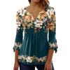 Women Spring Autumn V-neck Buttons Half Placket Blouse 3/4 Sleeves Loose Hem 3D Flower Print Pullover T-Shirt Top Streetwear