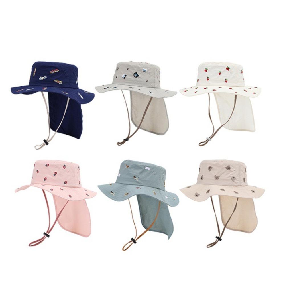Cartoon Embroidery Children Panama Cap Neck Protection Summer Fisherman Hat Baby Sun Hat Beach