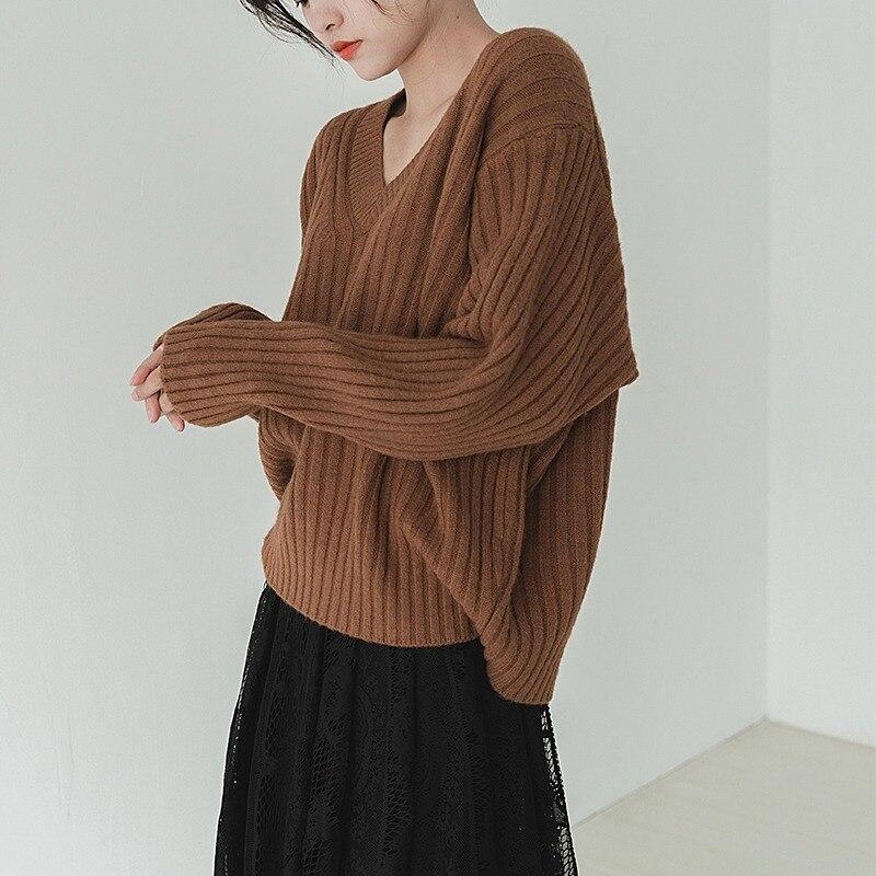 Осенние корейские повседневные пуловеры, модные женские зимние свитера, вязаный свитер с v-образным вырезом, женские джемперы, элегантные топы, шикарные 29217
