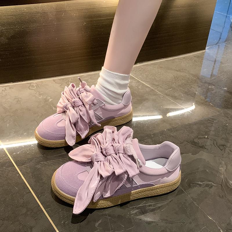 Fashion Spring New Round Head Deep Mouth Suede Front Lacing with Butterfly Knot Soft Sole Non-slip Wear-resistant Single Shoes