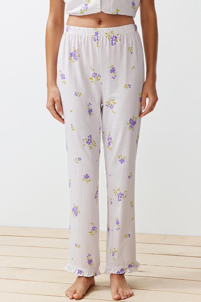 Women's Fashion New Pajama Set Ecru-Multicolor 100% Cotton Floral Ruffle Detailed Knitted Pajama Set