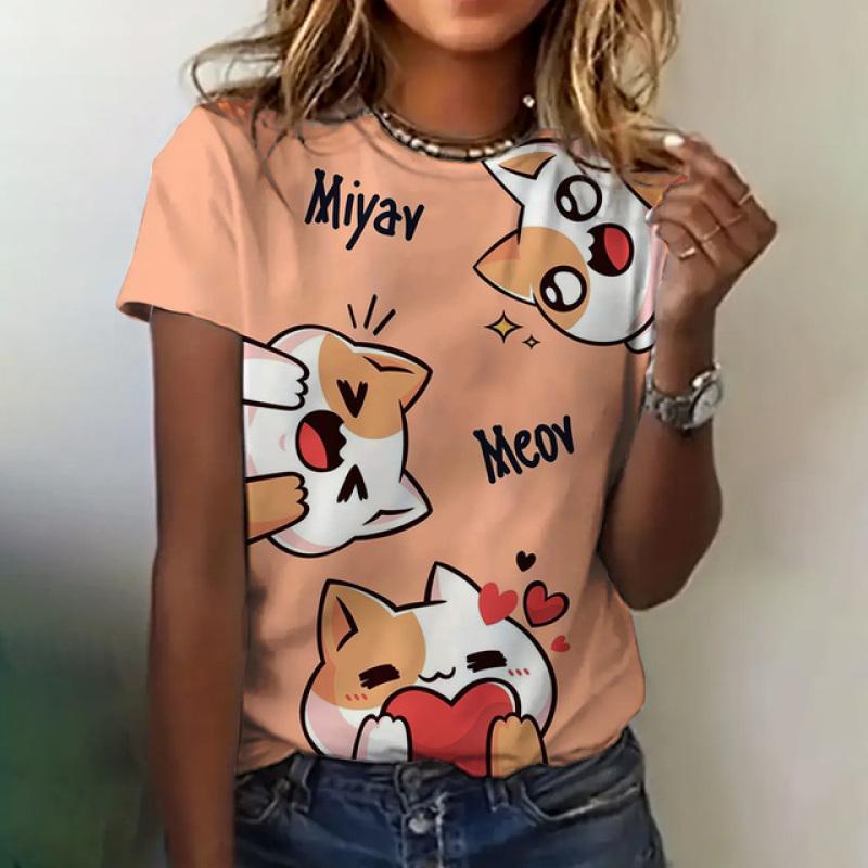 Женская футболка с принтом кота, летняя одежда с круглым вырезом и коротким рукавом, свободный повседневный топ с милым принтом, женская модная футболка с коротким рукавом