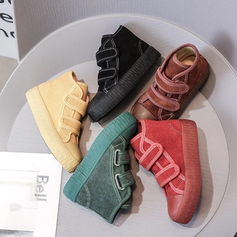 Hook&Loop Soft Corduroy Kids Sneakers School Casual All-match Children Girl Shoes High Top Autumn Boys Boots E08051
