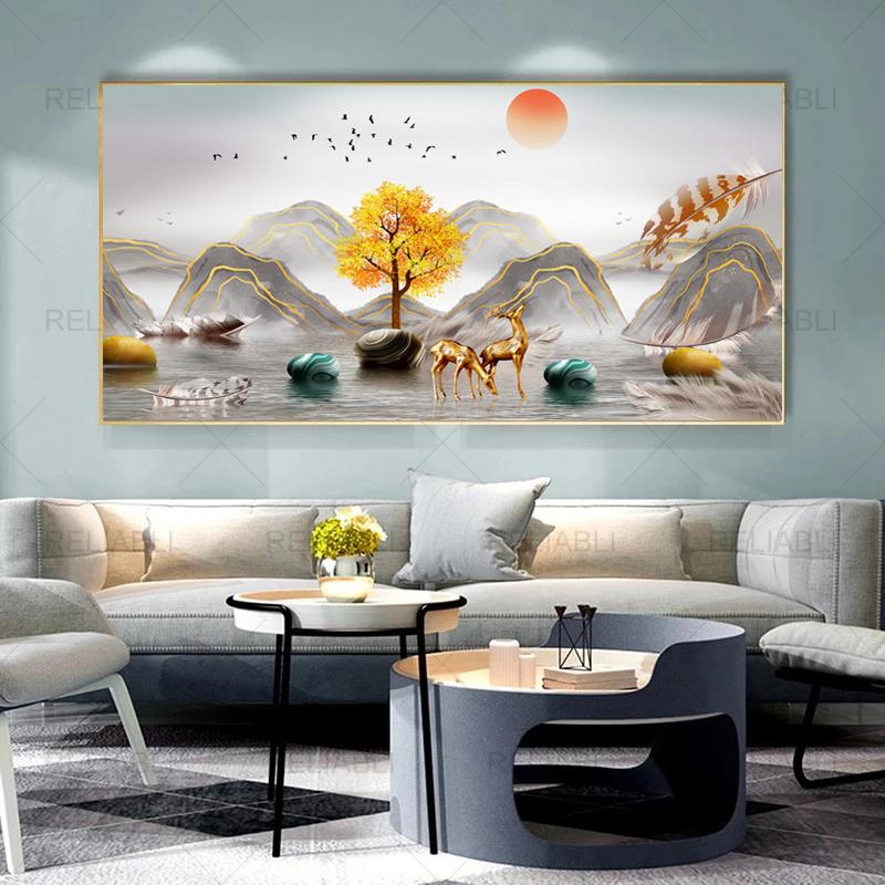 Современная абстрактная декоративная картина с оленьим деревом, лента, печать на холсте, настенные художественные картины для гостиной, светлый роскошный домашний декор