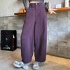 Dark Blue Korean-Style High-Waisted Wide-Leg Pants for Women - Plus Size, Slimming, Casual, 100% Cotton, Autumn Suitable.