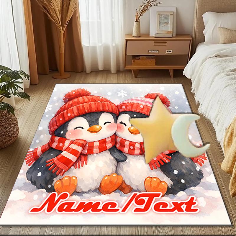 1PC Custom Name Winter Penguin Love Theme Floor Mat Ideal for Living Room, Game Rooms, Office, Bedroom,Floor Mat Playful Design