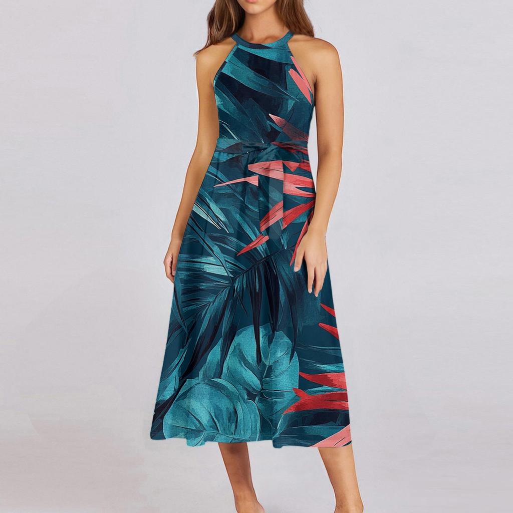 Женское повседневное платье миди с круглым вырезом, классическое, повседневное, без рукавов, свободное платье в стиле бохо с завязками, летний пляжный сарафан