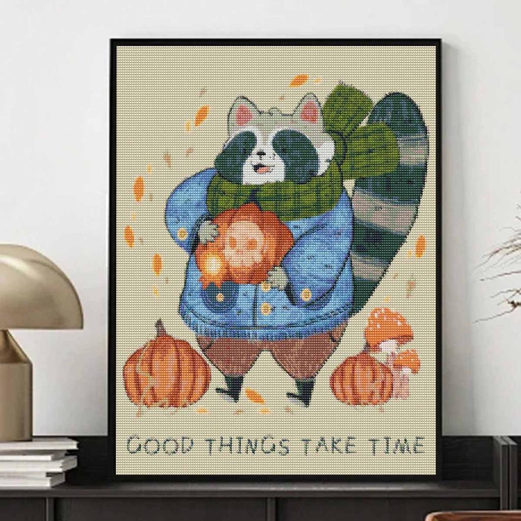 5D Full Round Drill Diamond Painting Kit Autumn Raccoon with Pumpkin Wall Art Decor