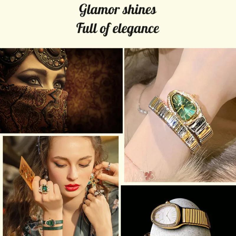 MISSFOX Креативные и персонализированные женские часы в форме браслета в форме змеи, роскошные маленькие зеленые часы Niche Light, инкрустация бриллиантами