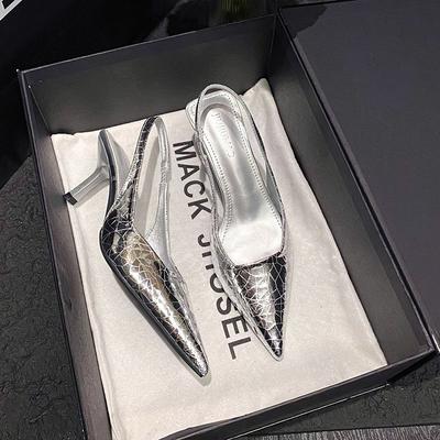 Европа, Америка 2025 новый маленький каблук острый носок каменный узор серебристый светлый рот простая сумка голова задний пустой ремешок весна и лето новый