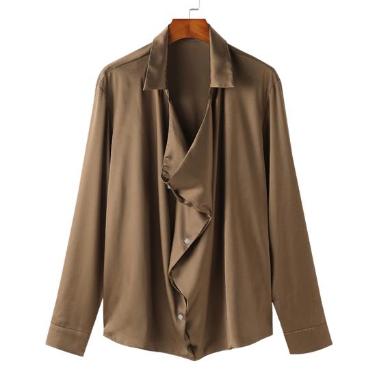 Мужская рубашка для вечеринок, свободная, с длинным рукавом, сатиновая, тонкая, во французском стиле, однотонная, с лацканами, однобортная, повседневная рубашка