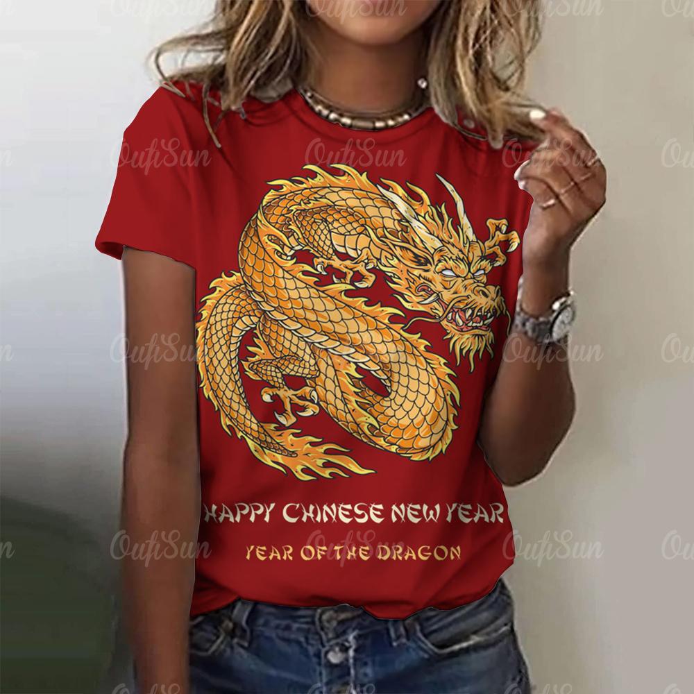 Женская футболка с принтом 3D-дракона в китайском стиле, новый пуловер для женщин с круглым вырезом, повседневный короткий рукав, 2024, модные уличные топы