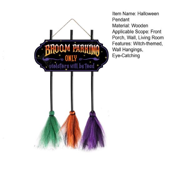 Halloween Broom Parking Sign with 3 Wooden Witch Brooms Solid Wood Hanging