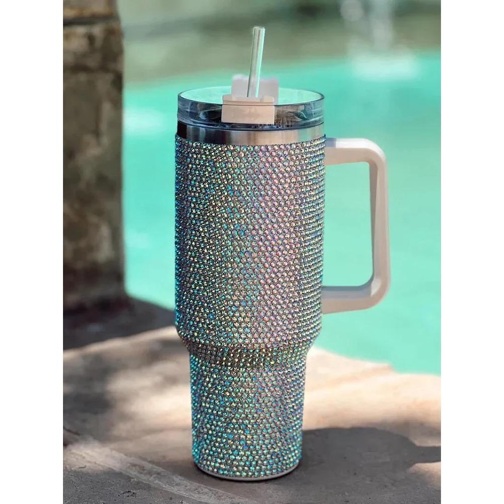 40 унций блестящий бриллиант блестящий бриллиант термокружка из нержавеющей стали для автомобильной бутылки соломка большой емкости со стразами