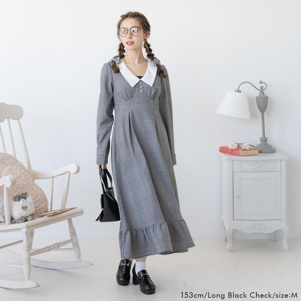 [Yumetenbo] Landmine-style Clothing [Dear My Love] Casual Dress Charlotte Dress Women's Long Black Check Yumetenbo