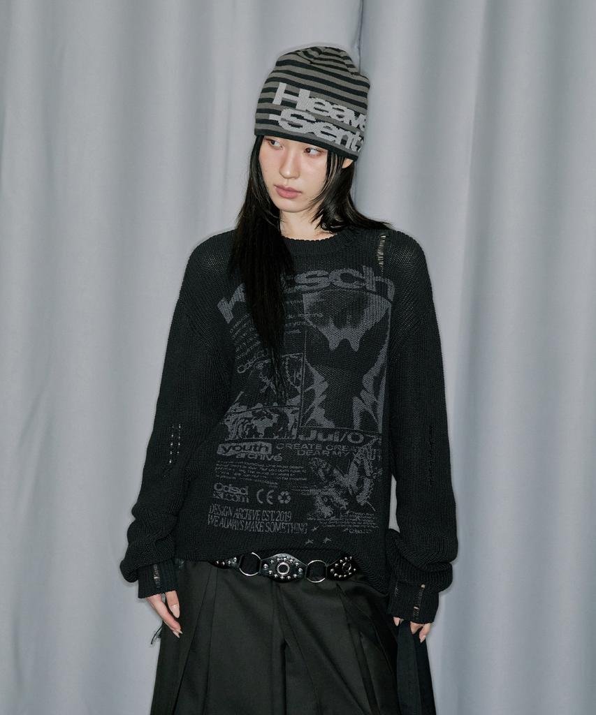 ODDSTUDIO Grunge Angel Graphic Damaged Knit - Black
