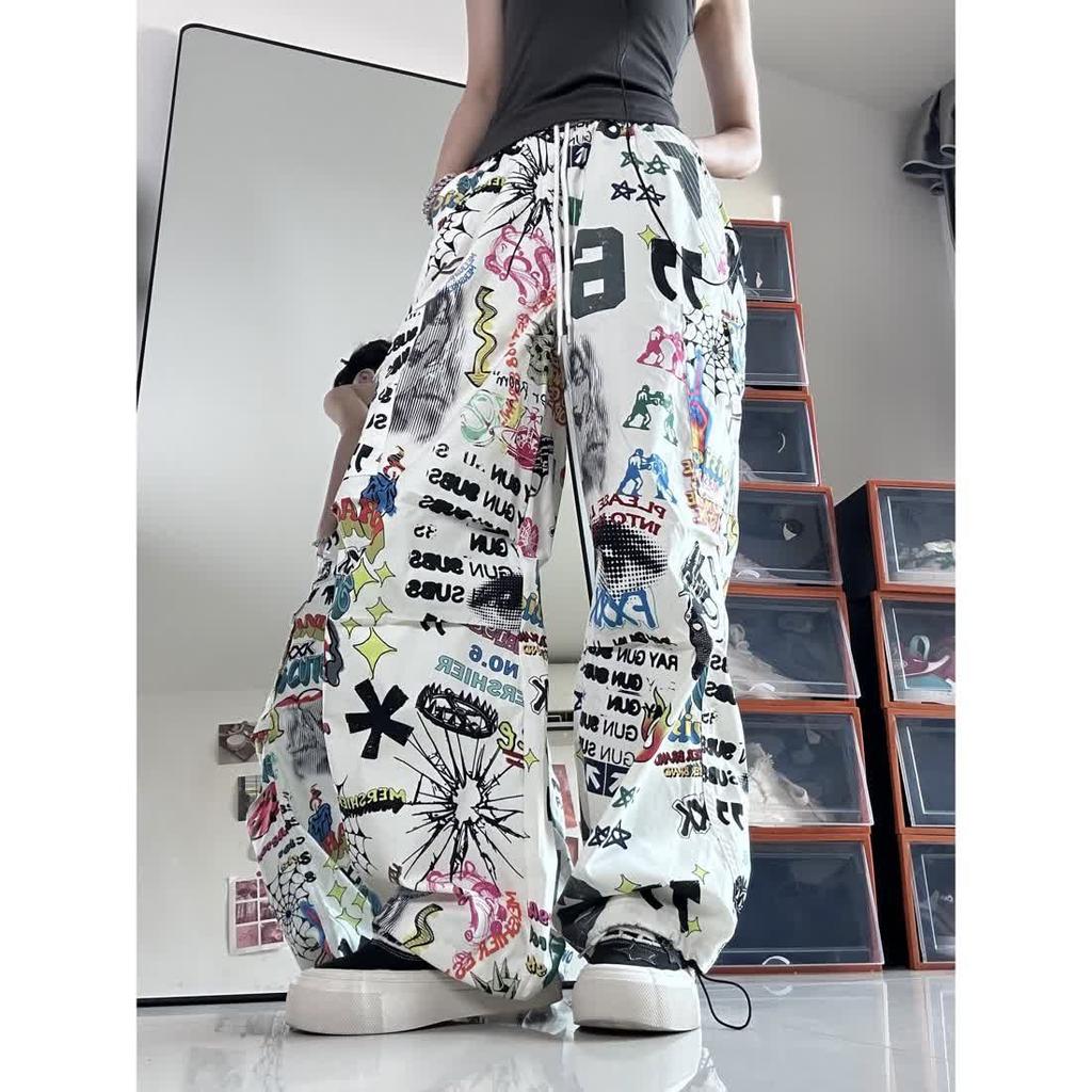 Graffiti Print Women Pants Chic Fashion Harajuku Drawstring Wide Leg Trousers Loose Pantalones Sweatpants Streetwear Korean Y2k