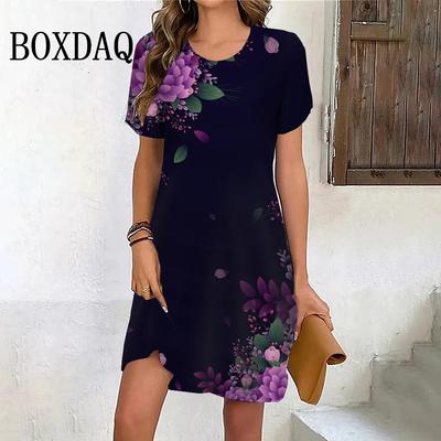 Платья с принтом фиолетовых цветов для женщин, летнее винтажное мини-платье с коротким рукавом, повседневный пуловер с круглым вырезом, сарафан больших размеров