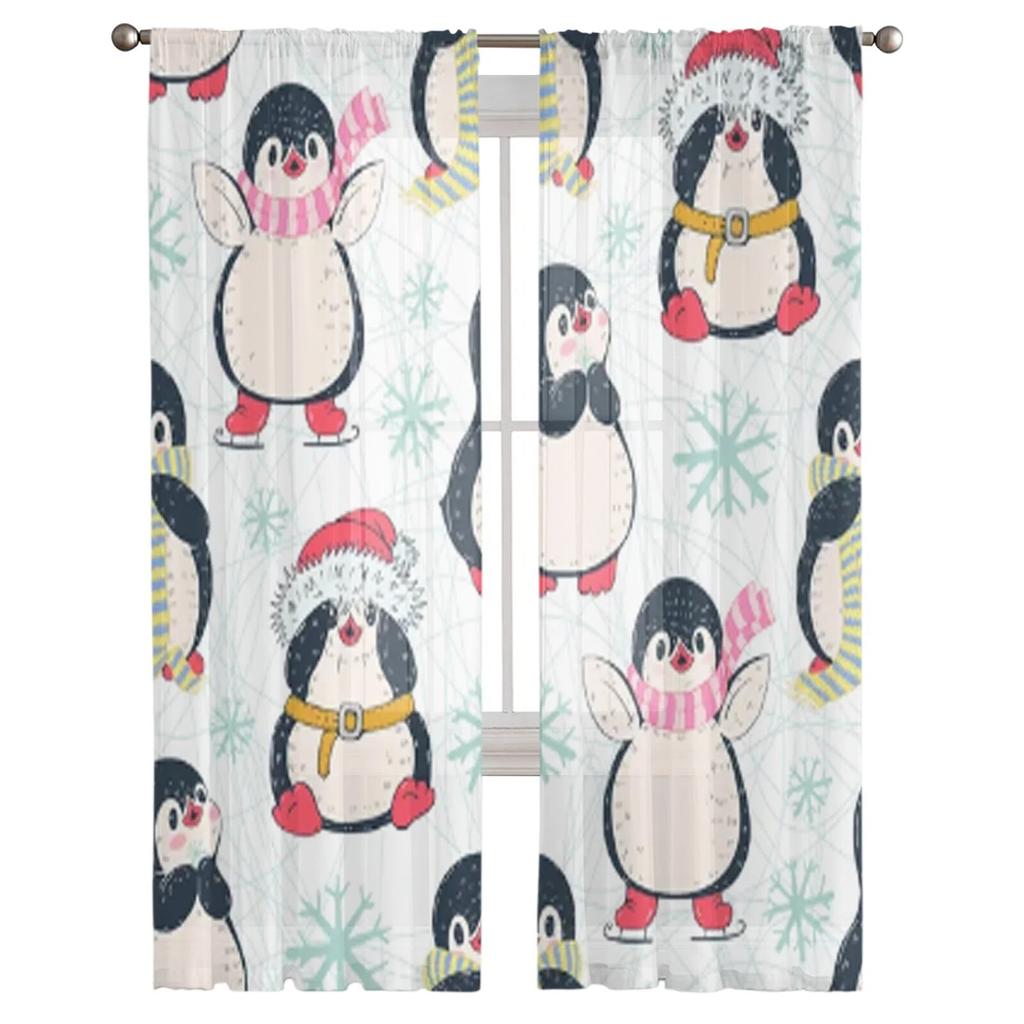 Прозрачные шторы с милыми пингвинами, нарисованные вручную, для гостиной, детской спальни, тюлевые шторы, кухонные шторы для окон