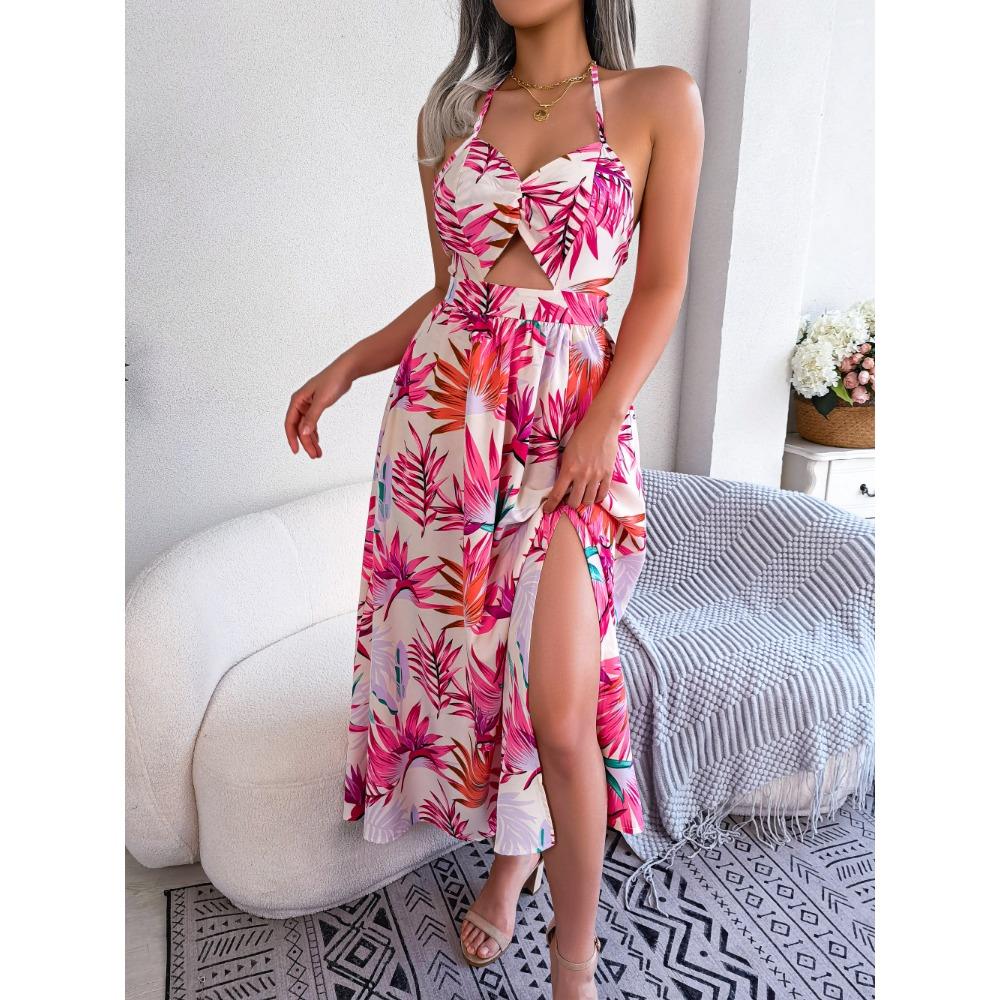 Spring and Summer Floral Sleeveless Hollow Out Halter Long Holiday Beach Dresses for Women