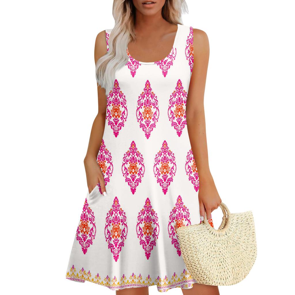 Women's Summer Casual U-shaped Tie Pocket Popular Floral Print Dress