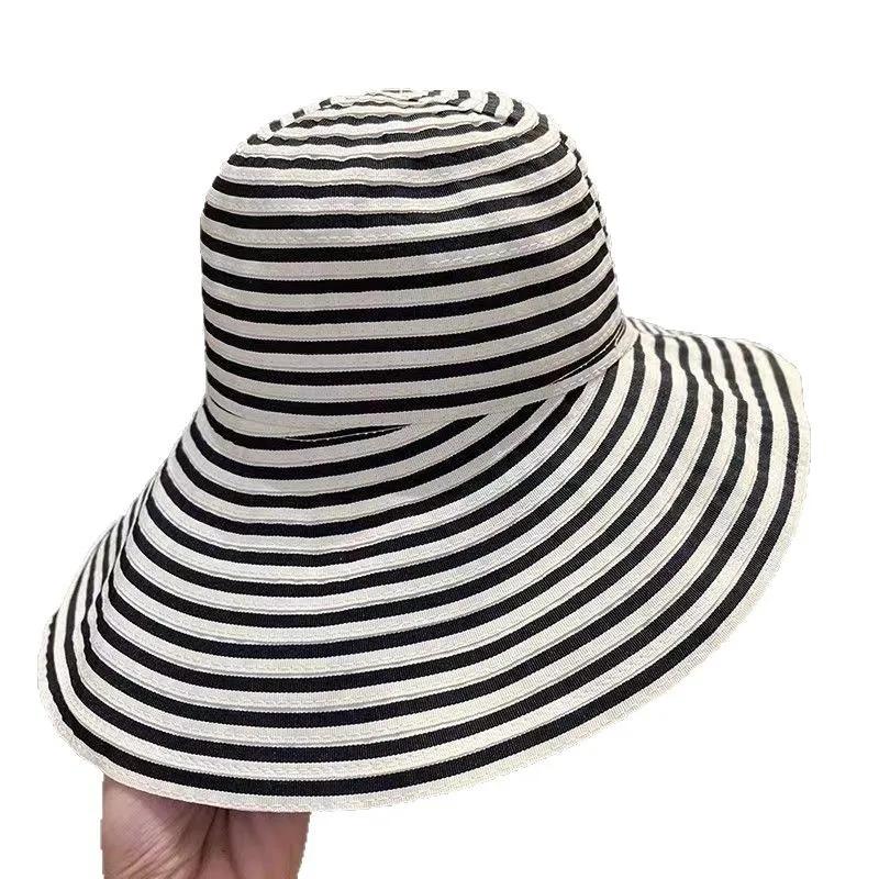 New Japanese Foldable Striped Bucket Hat, Women'S Upf 50+ Summer Sun Hat, Oversized Fisherman Cap Trendy Beach Accessories
