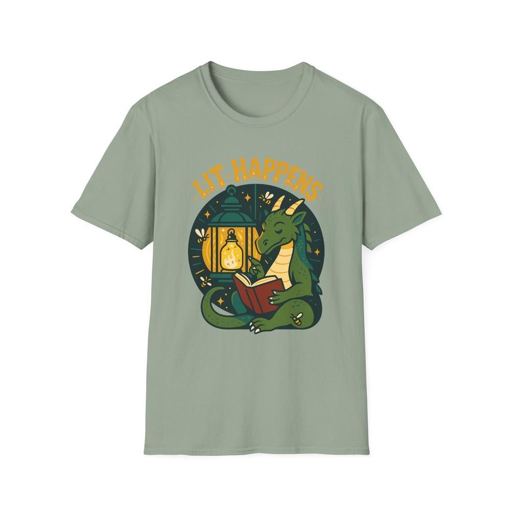 Unisex Softstyle T-Shirt Moss-Green Dragon Reading Lantern Fireflies Graphic Tee