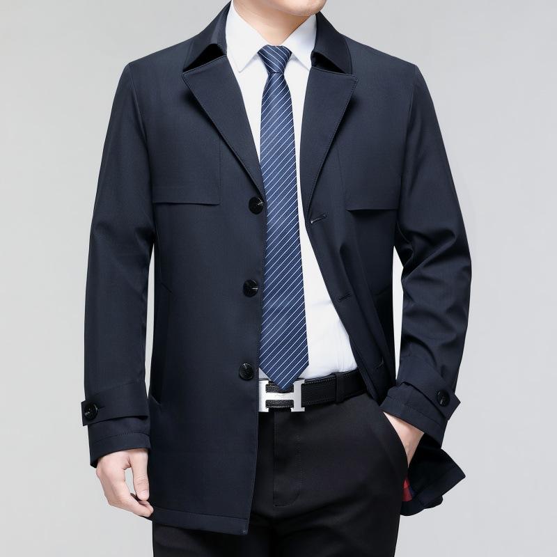 Мужская ветровка средней длины, куртка для делового повседневного ношения, для мужчин среднего возраста, простое пальто с лацканами, устойчивое к морщинам